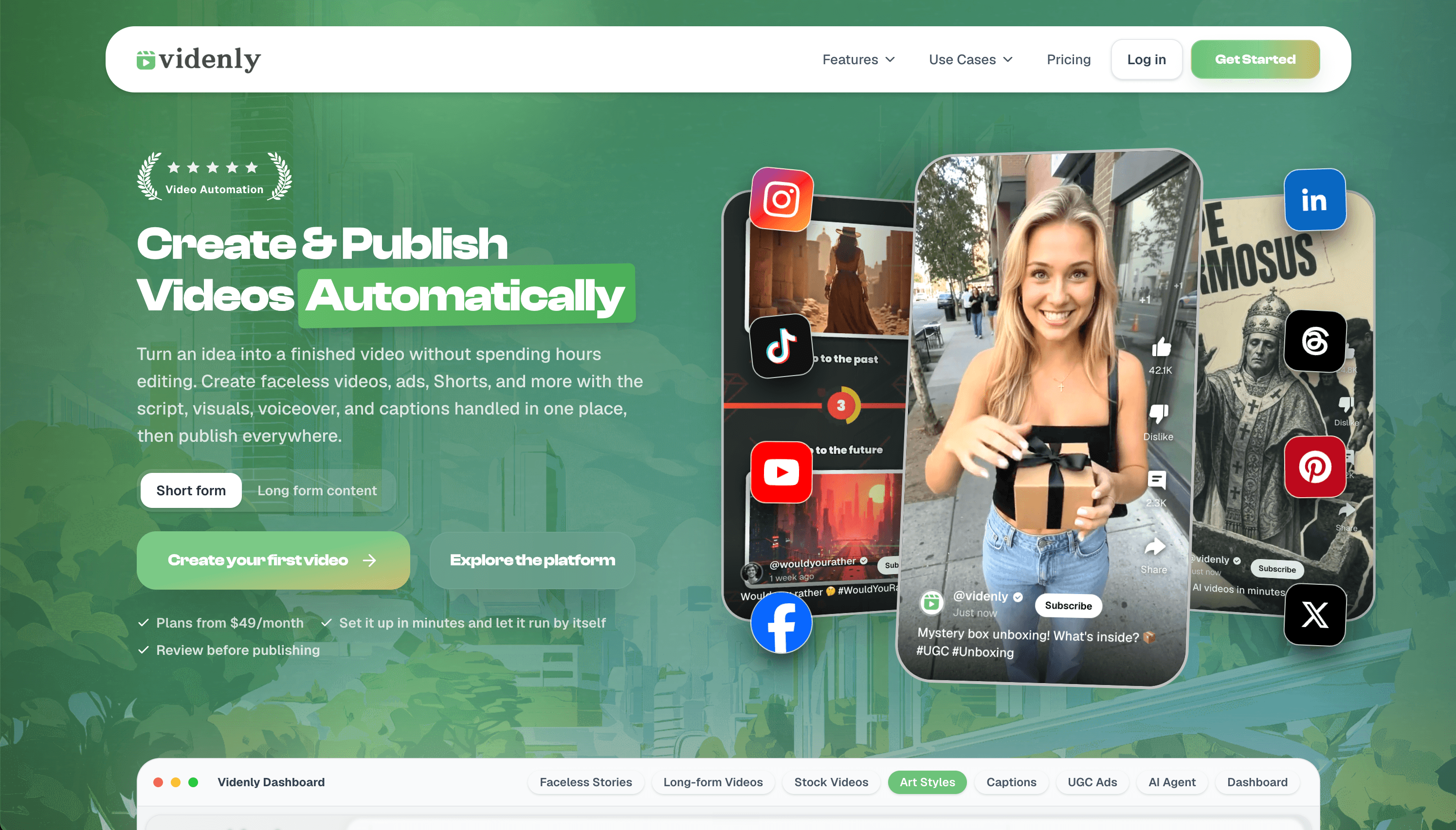 Videnly website showing AI video creation